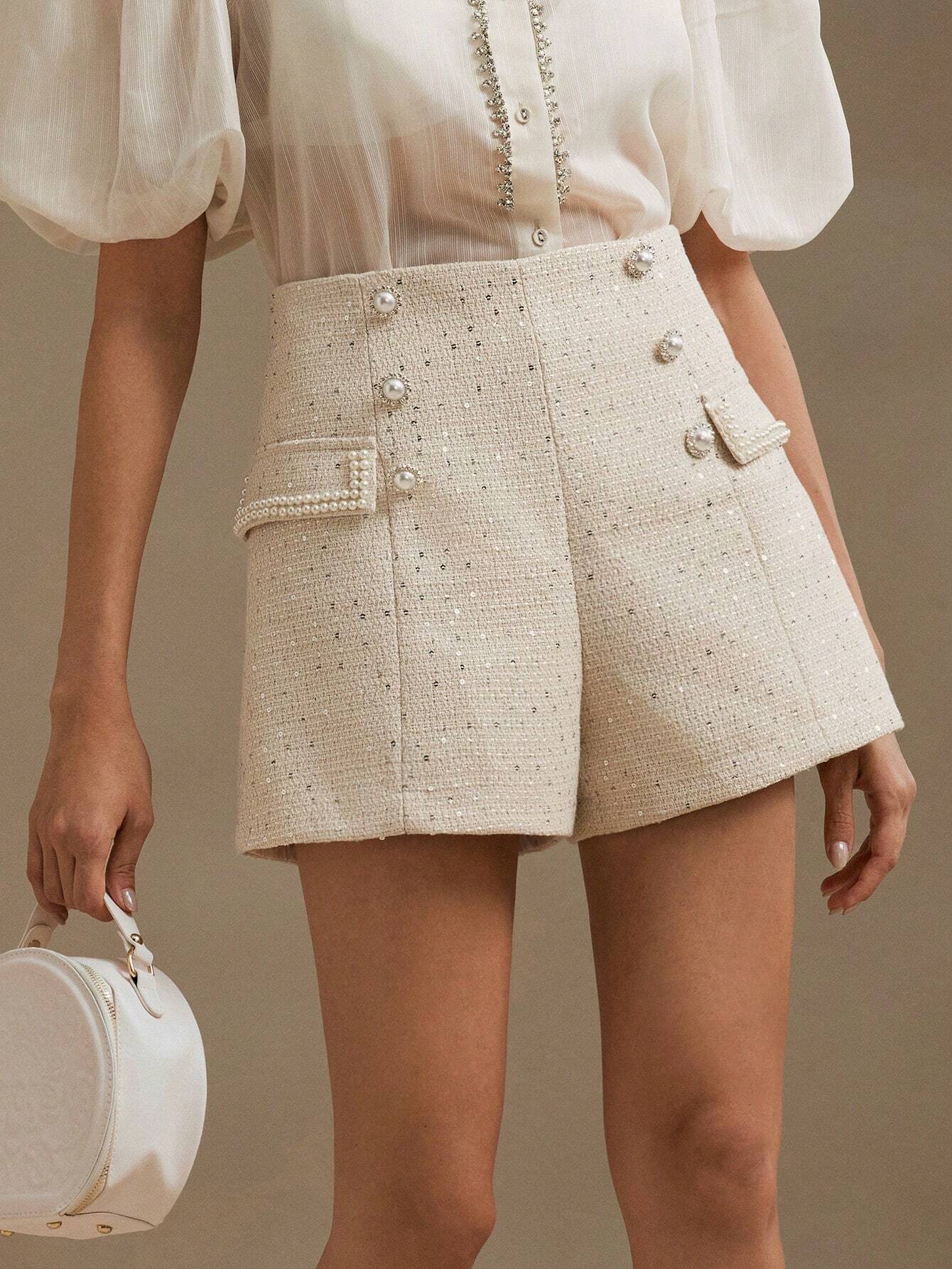 Sofie™ | The Colette Pearl-Embellished Tweed Shorts