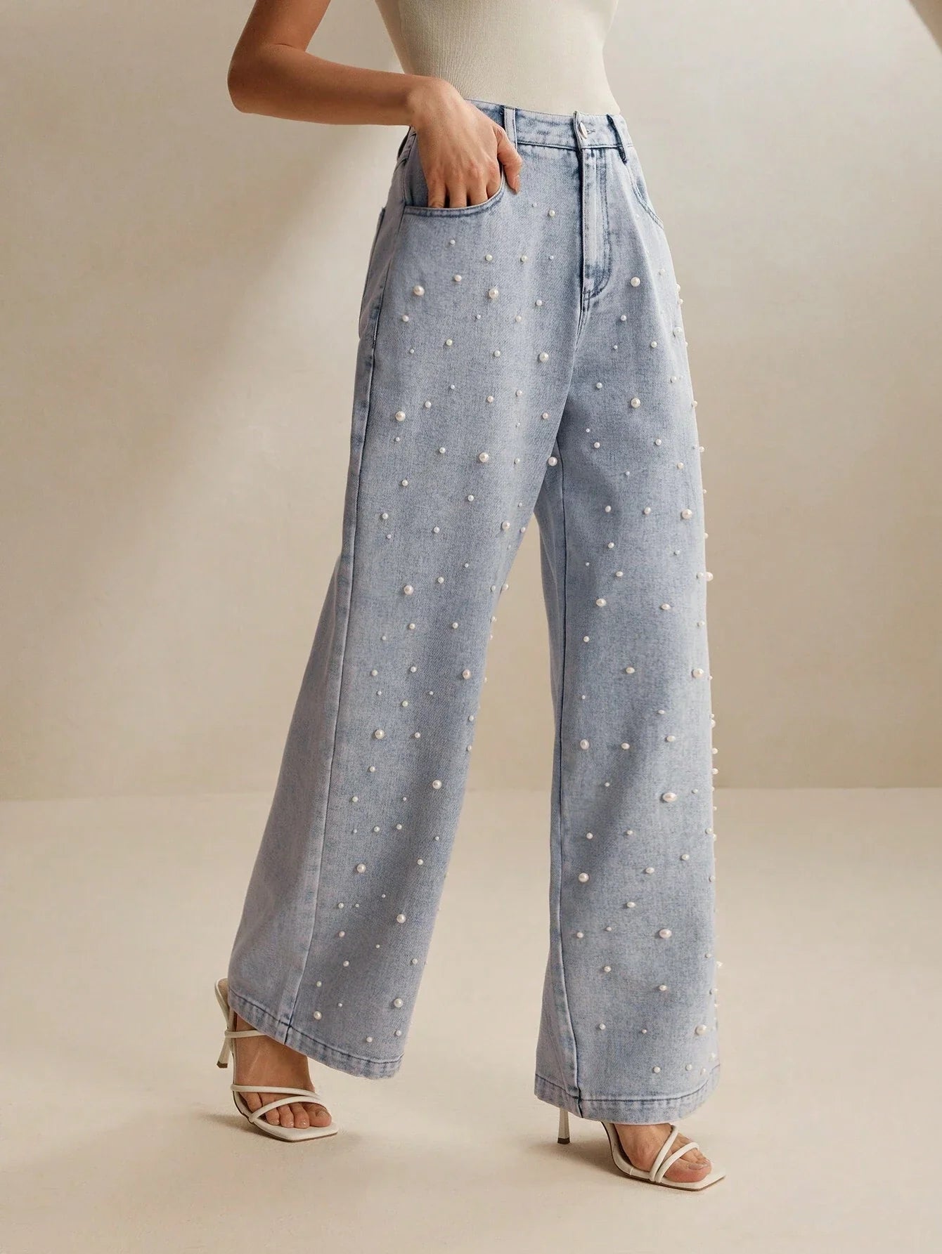 Sofie™ | Pearl-Embellished Wide-Leg Denim Jeans