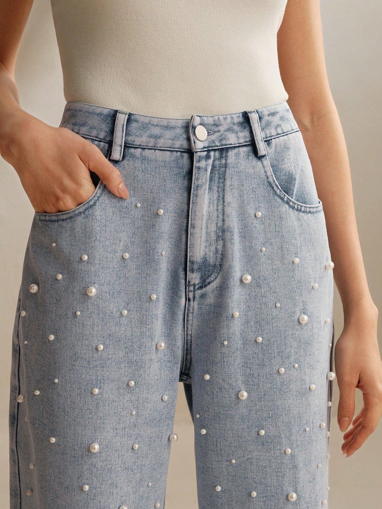 Sofie™ | Pearl-Embellished Wide-Leg Denim Jeans