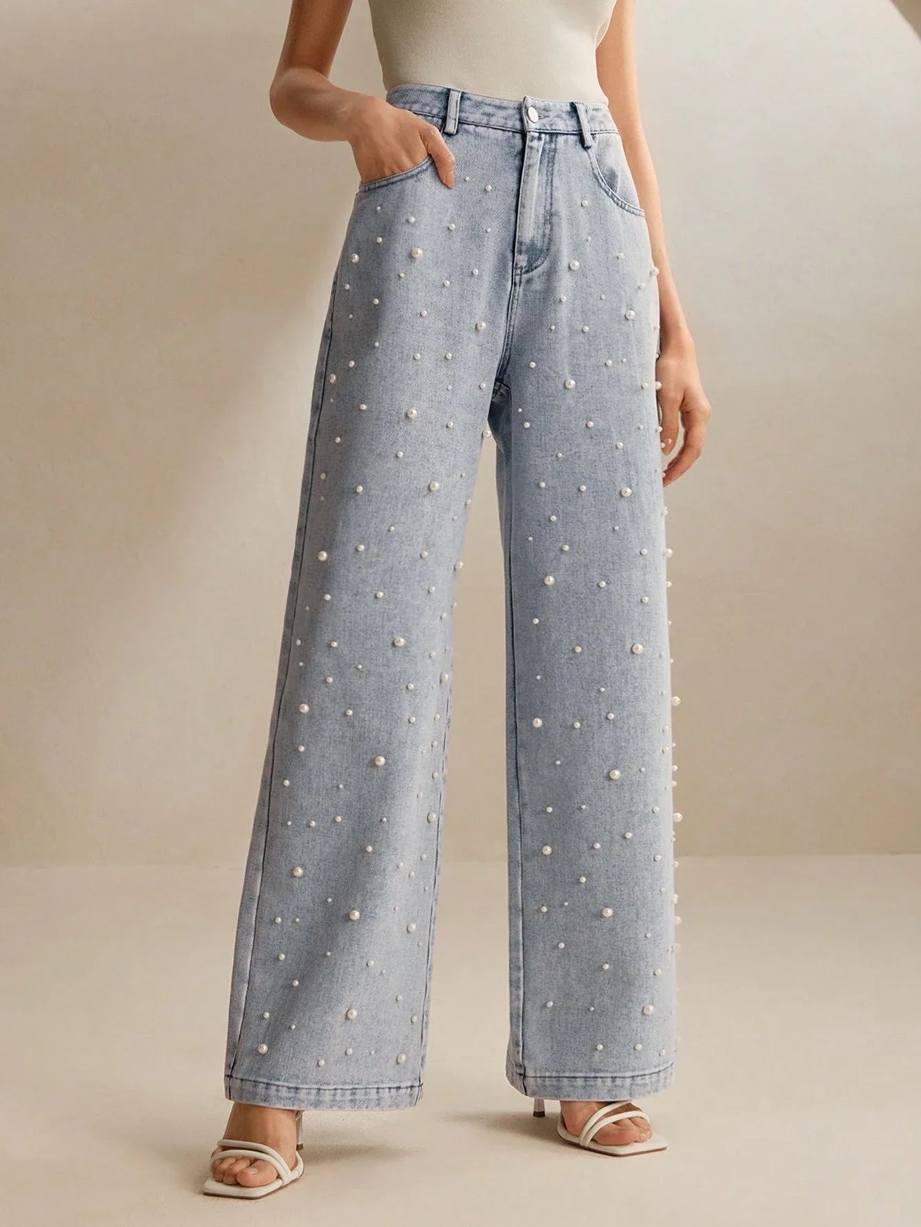 Sofie™ | Pearl-Embellished Wide-Leg Denim Jeans