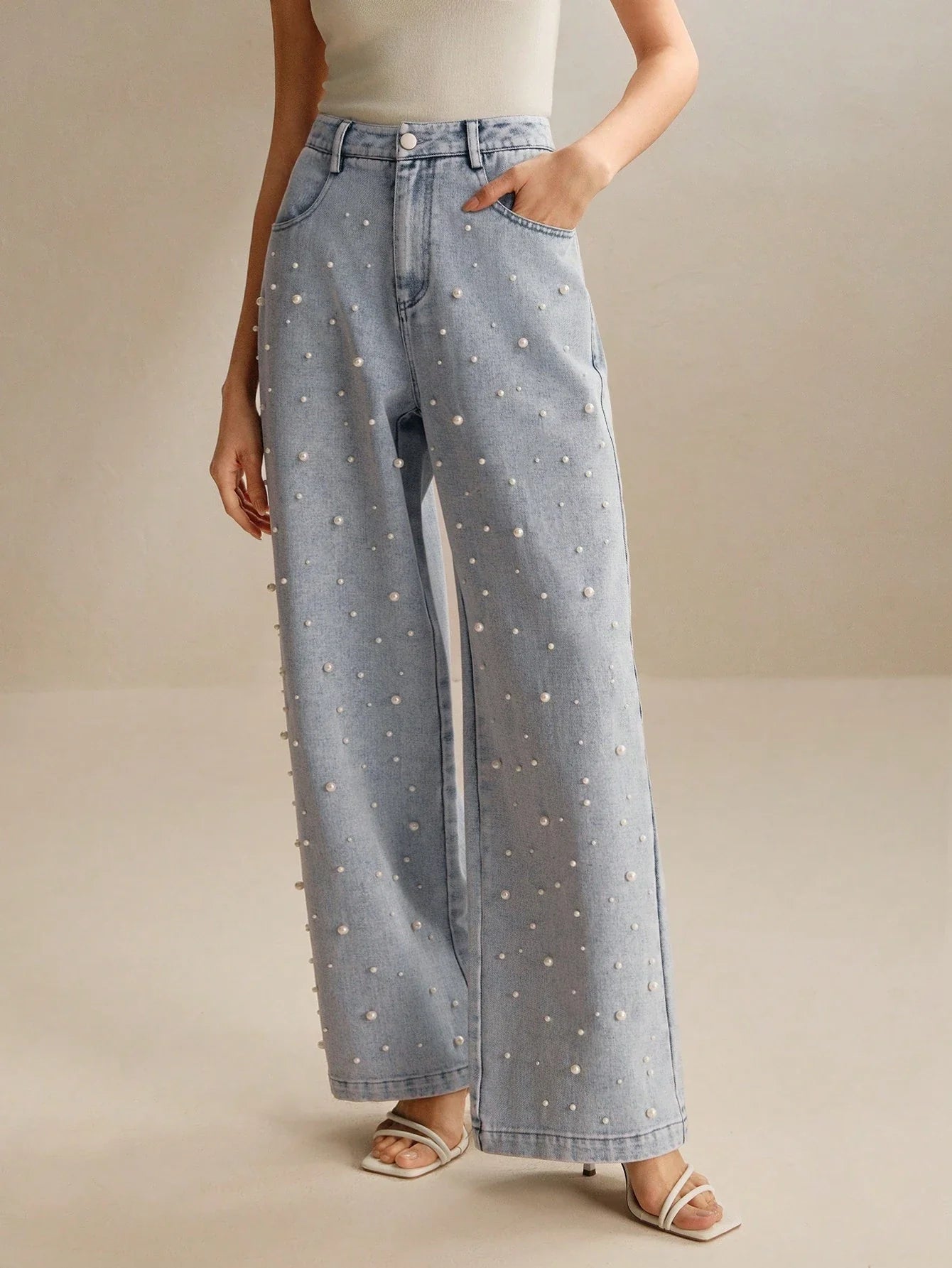 Sofie™ | Pearl-Embellished Wide-Leg Denim Jeans