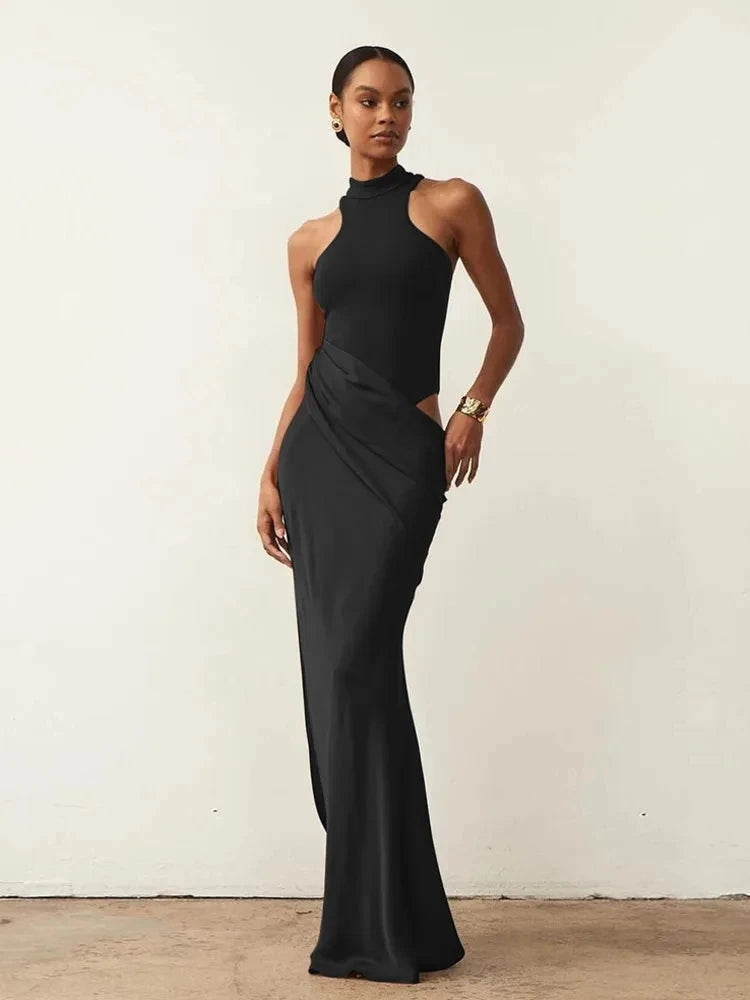 JULISSA MO Satin Sexy Hollow Out Women Maxi Dress Black Sleeveless High Waist Dress Female Autumn Skinny Elegant Party Clubwear