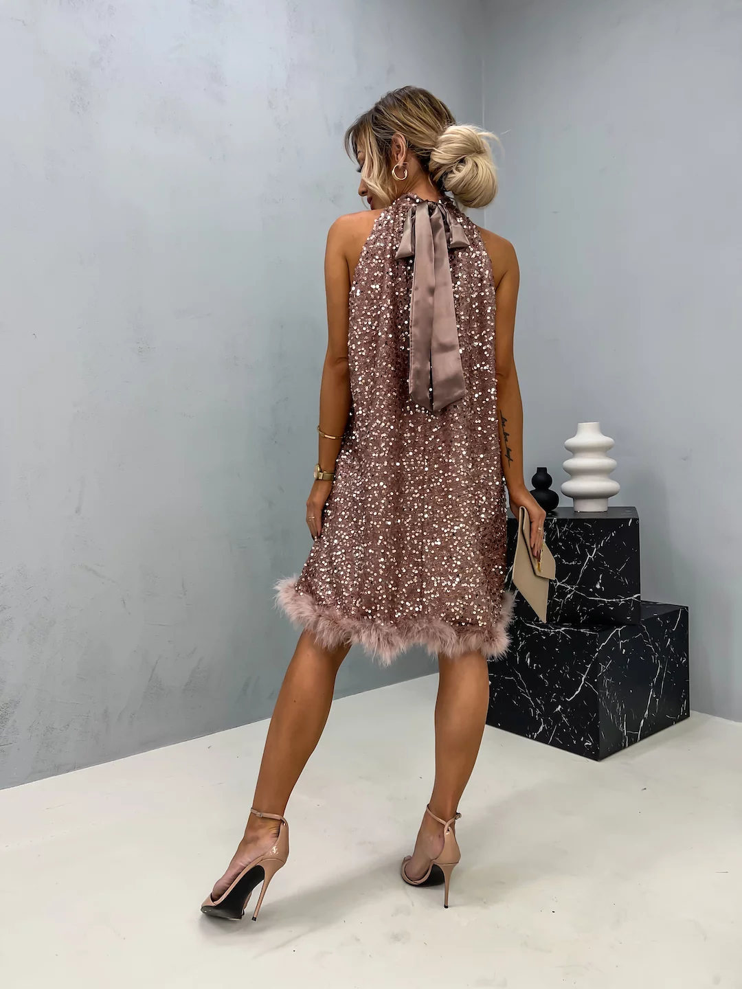 Sofie™ | Sequin Halter Dress with Feather Hem